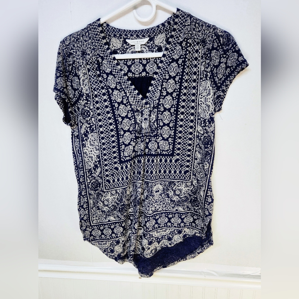 Lucky Brand Top Womens Small Blue By The Moon Cap Sleeve Boho Floral Graphic Tee